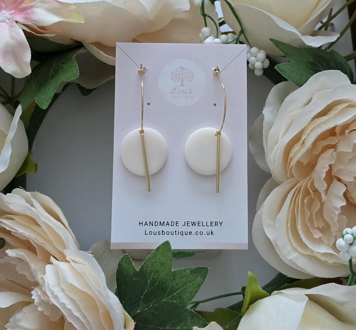 Handmade Black, White or Beige 18k Gold Circle Bar Hoop Earrings, Polymer Clay