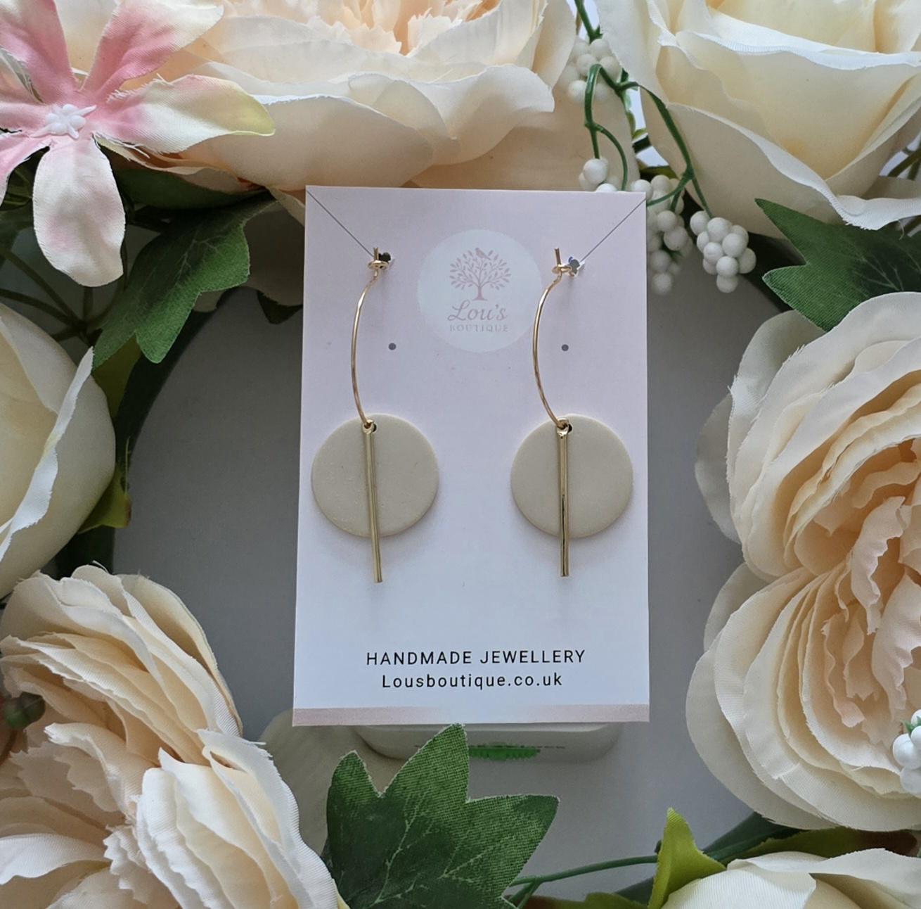 Handmade Black, White or Beige 18k Gold Circle Bar Hoop Earrings, Polymer Clay