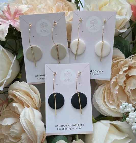 Handmade Black, White or Beige 18k Gold Circle Bar Hoop Earrings, Polymer Clay