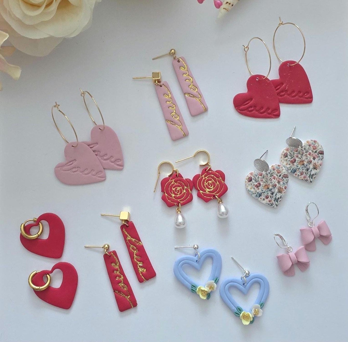 Handmade mothers day Polymer Clay Earrings, 18k Gold Plated, Hearts, Bows, rose, love