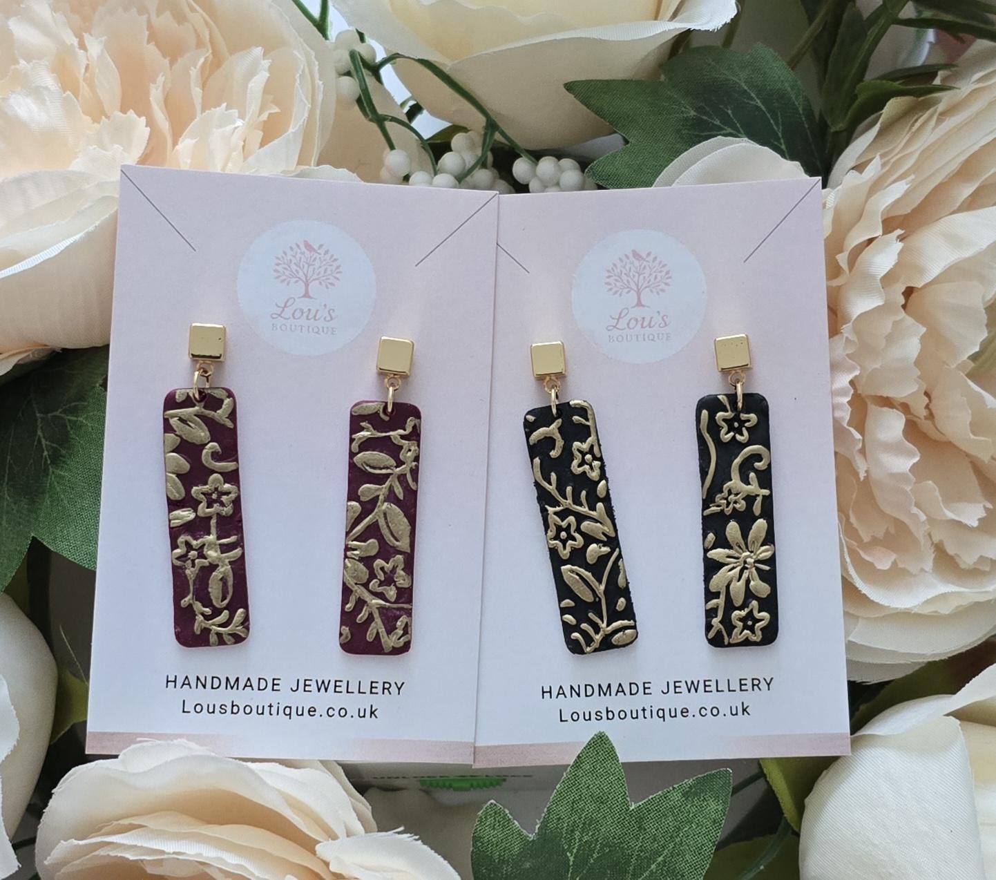 Handmade black or burgundy gold stud floral paisley drop Earrings | Polymer Clay Dangle slabs