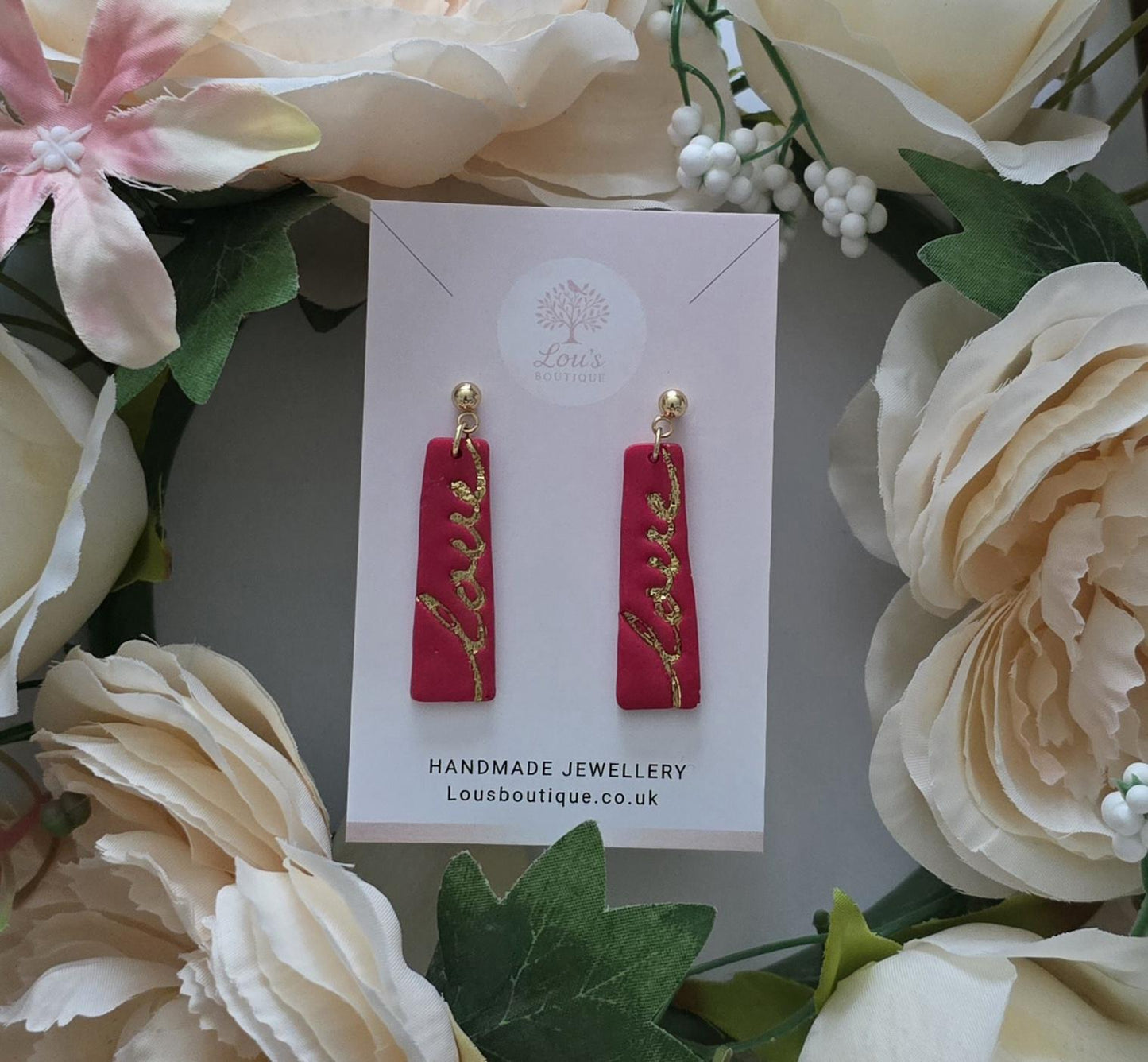 Handmade mothers day Polymer Clay Earrings, 18k Gold Plated, Hearts, Bows, rose, love