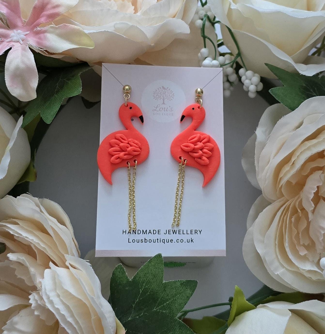 Handmade coral flamingo dangle Earrings | Polymer Clay, Gold plated studs