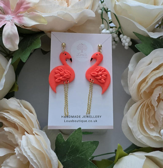 Handmade coral flamingo dangle Earrings | Polymer Clay, Gold plated studs