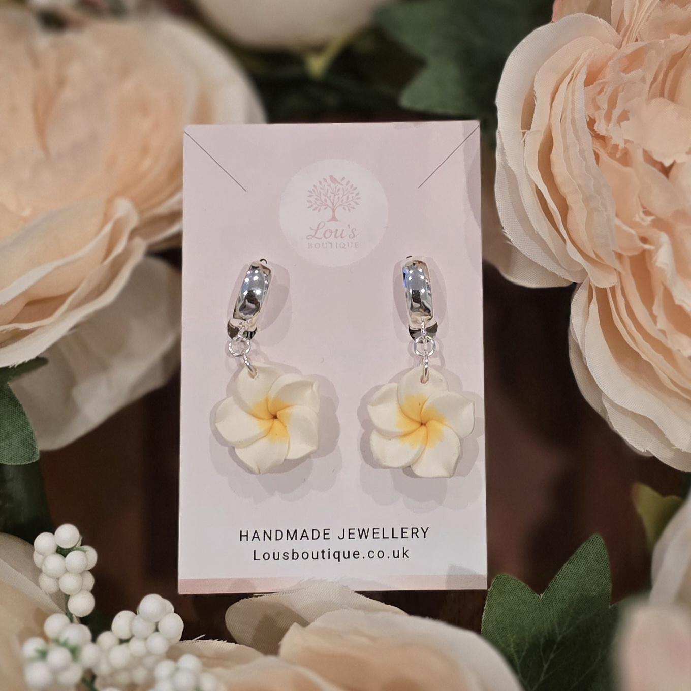 Handmade white and yellow frangipani huggie Earrings | Polymer Clay, Sterling Silver or gold plated
