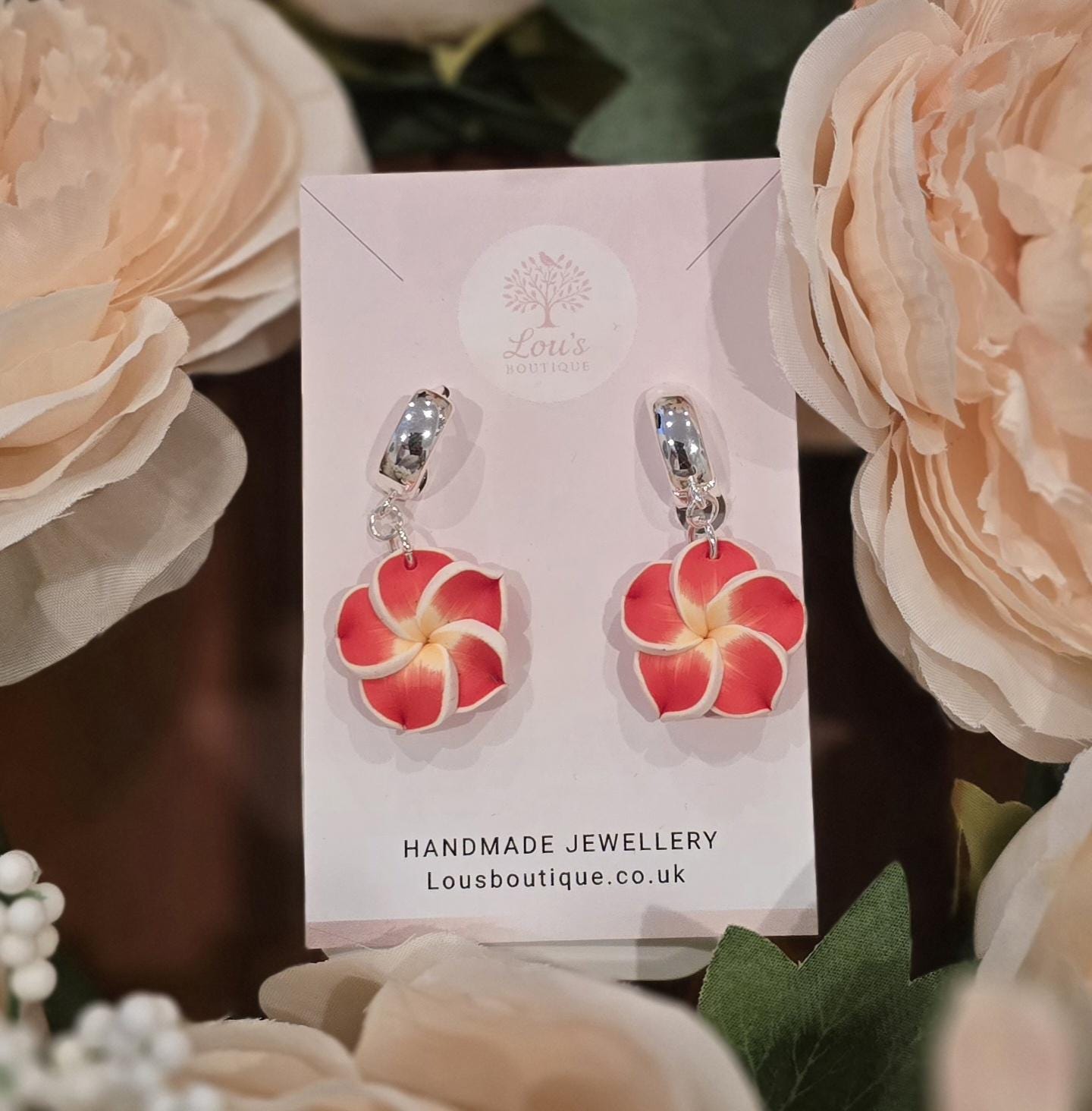 Handmade Red and yellow frangipani huggie Earrings | Polymer Clay, Sterling Silver or gold plated