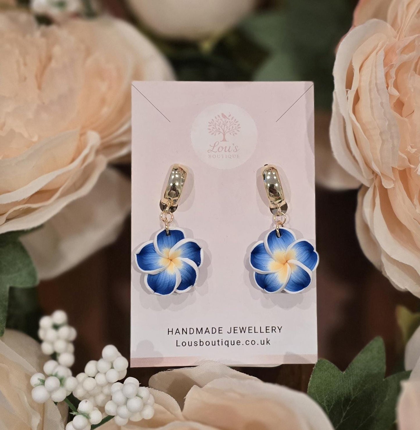 Handmade blue and yellow frangipani huggie Earrings | Polymer Clay, Sterling Silver or gold plated