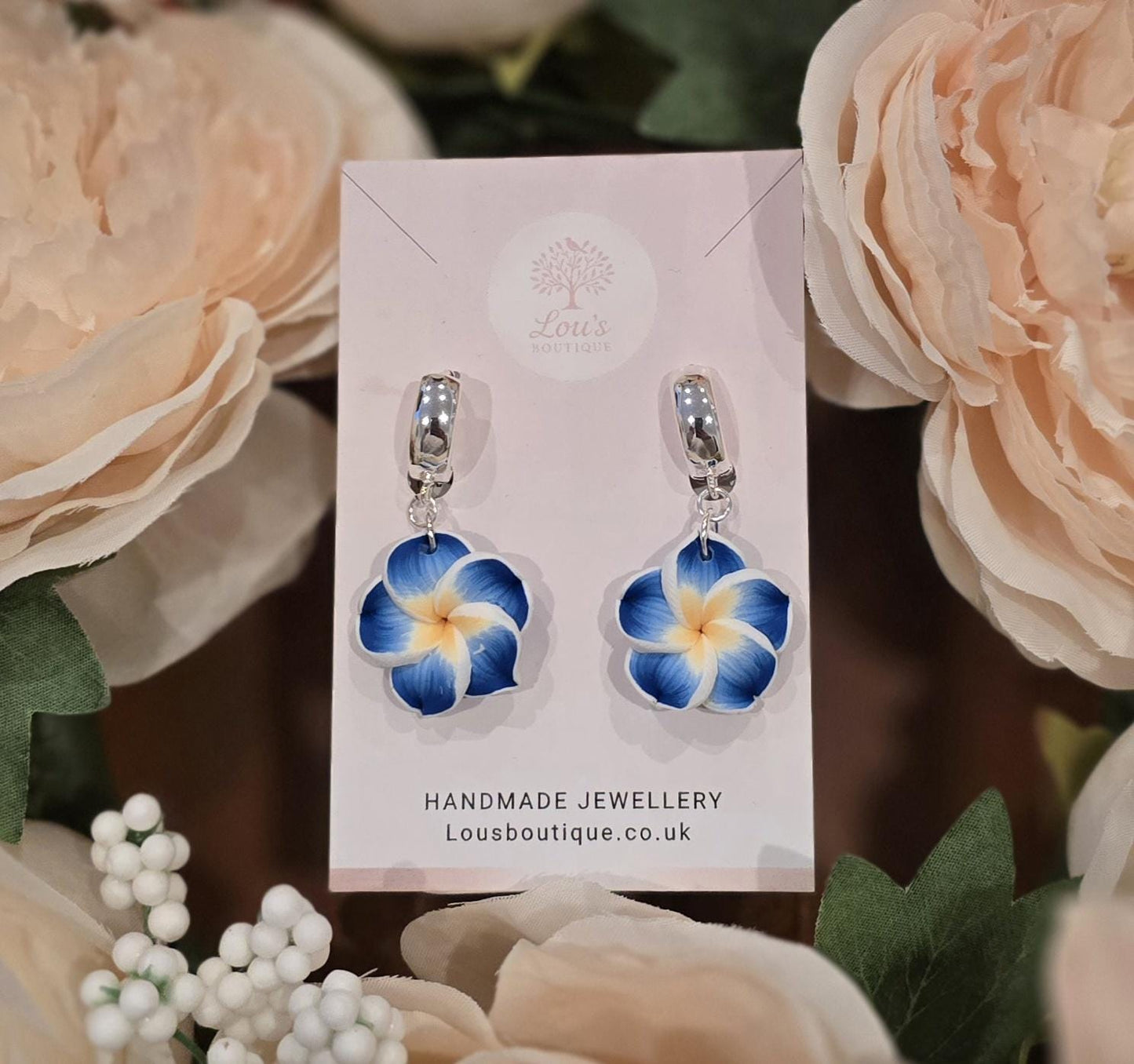 Handmade blue and yellow frangipani huggie Earrings | Polymer Clay, Sterling Silver or gold plated
