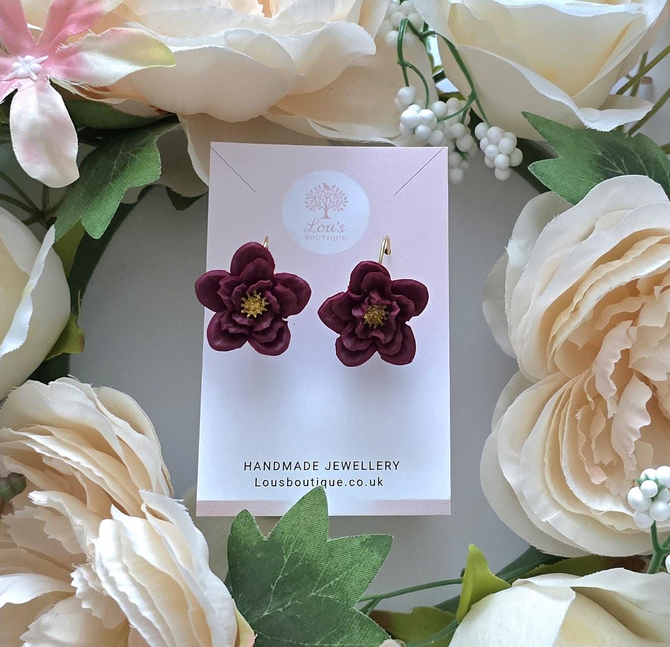 Handmade purple or blue flower hoop Earrings | Polymer Clay, Silver or gold plated