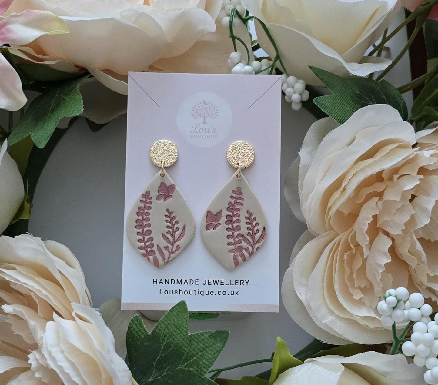 Handmade Beige Tan floral glitter drop earrings, Polymer Clay, 18k gold plated
