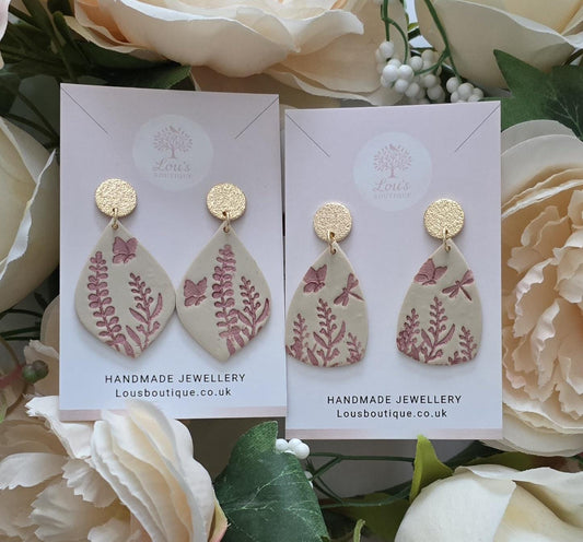 Handmade Beige Tan floral glitter drop earrings, Polymer Clay, 18k gold plated