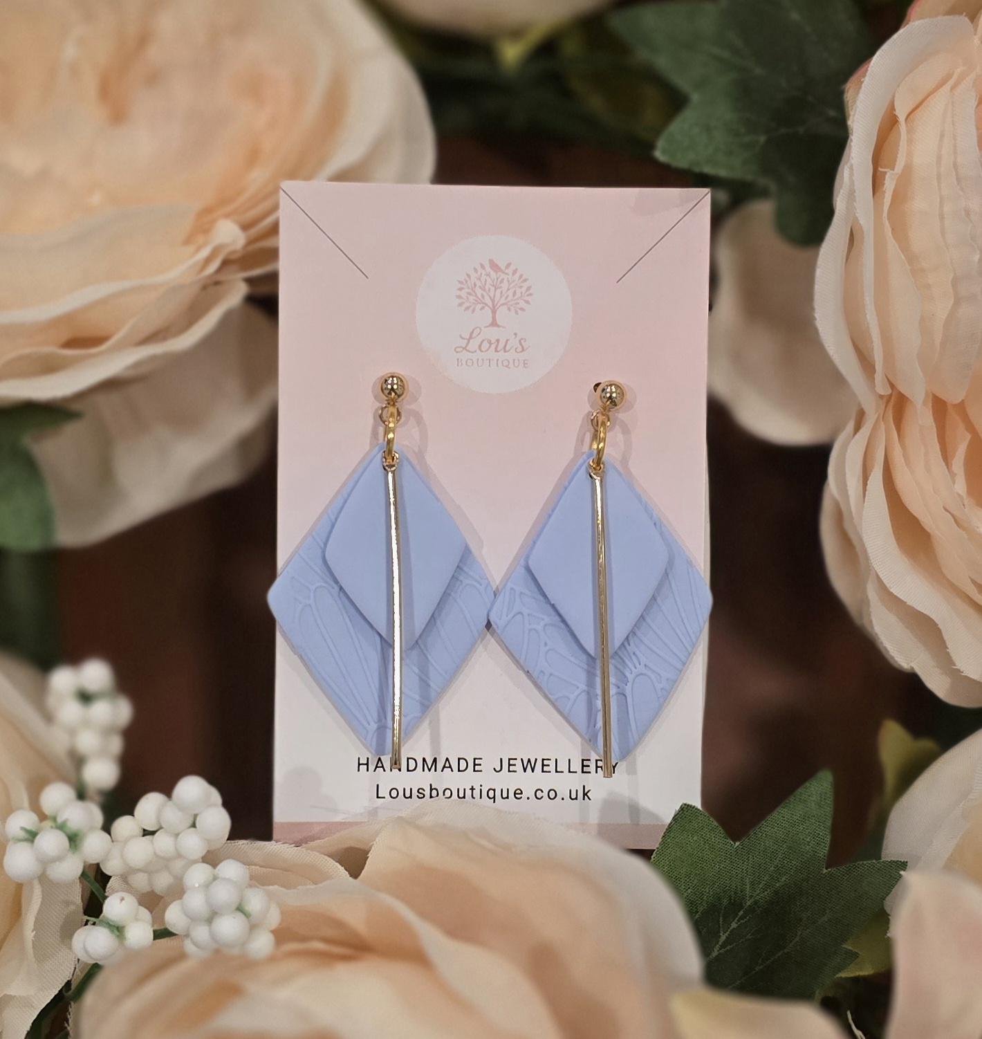 Handmade Black, Gold or Blue Double Diamond Polymer Clay Earrings, 18k Gold Plated,