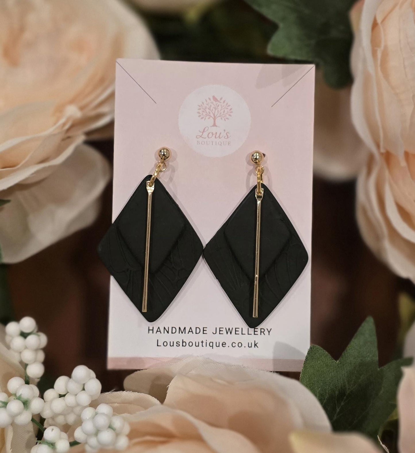 Handmade Black, Gold or Blue Double Diamond Polymer Clay Earrings, 18k Gold Plated,