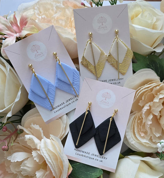 Handmade Black, Gold or Blue Double Diamond Polymer Clay Earrings, 18k Gold Plated,