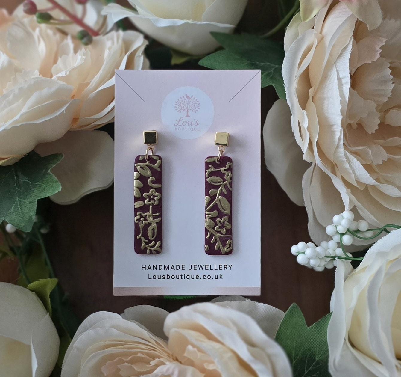 Handmade black or burgundy gold stud floral paisley drop Earrings | Polymer Clay Dangle slabs