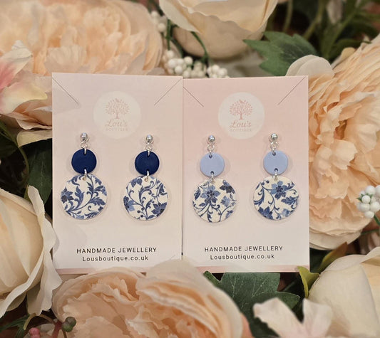 Handmade Blue floral paisley earrings, Polymer clay, Silver plated