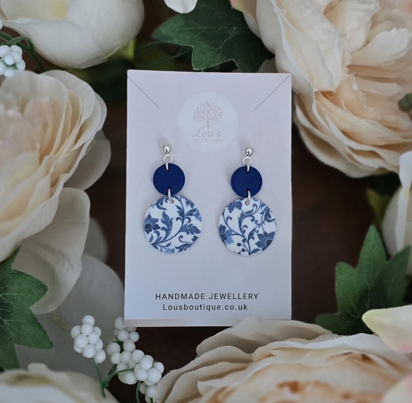 Handmade Blue floral paisley earrings, Polymer clay, Silver plated