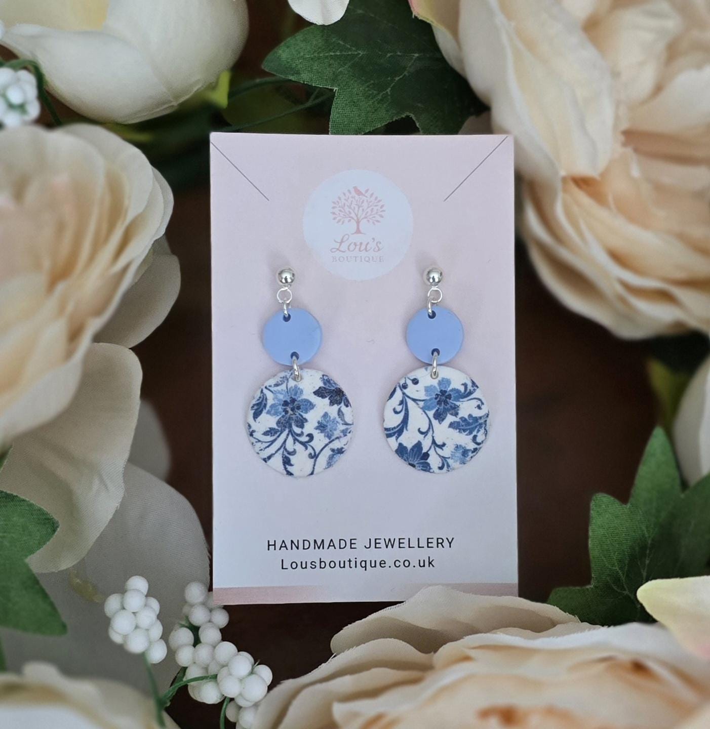 Handmade Blue floral paisley earrings, Polymer clay, Silver plated