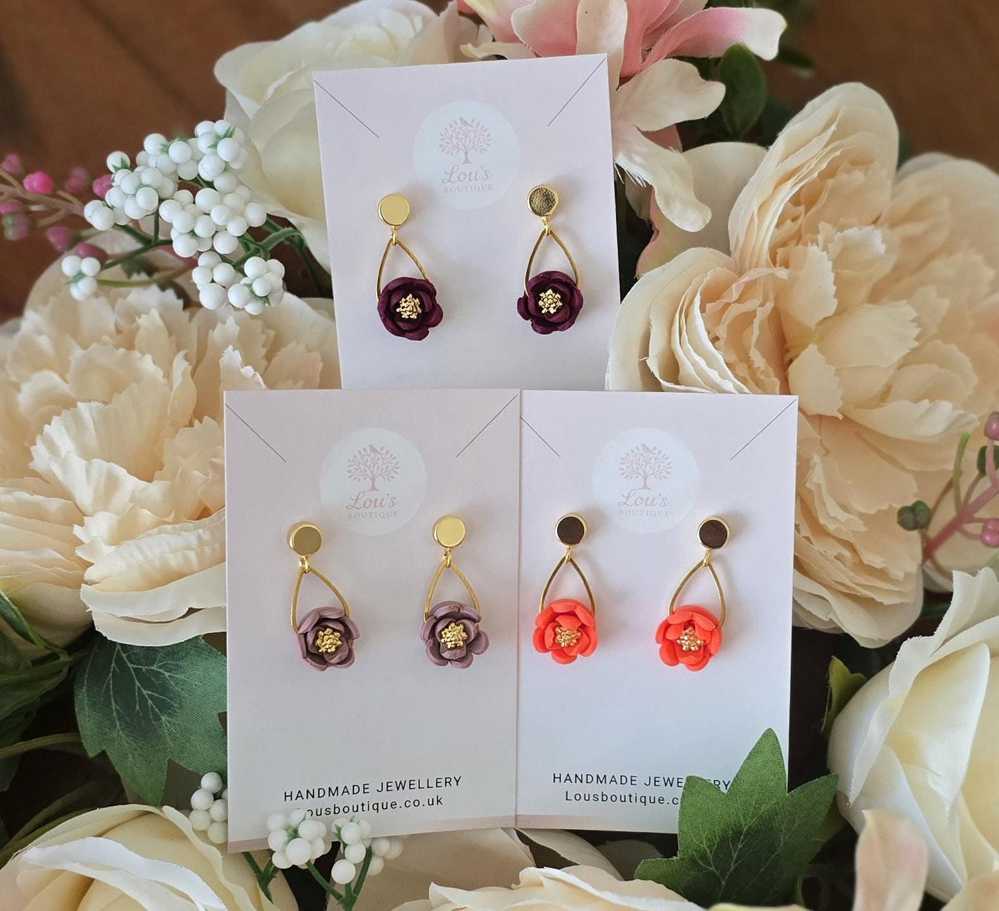 Handmade teardrop Floral Polymer Clay Dangle Earrings, Lightweight Stud Earrings, Gold Plated