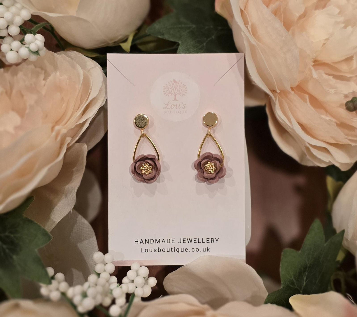 Handmade teardrop Floral Polymer Clay Dangle Earrings, Lightweight Stud Earrings, Gold Plated