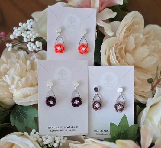 Handmade teardrop Floral Polymer Clay Dangle Earrings, Lightweight Stud Earrings, Silver Plated