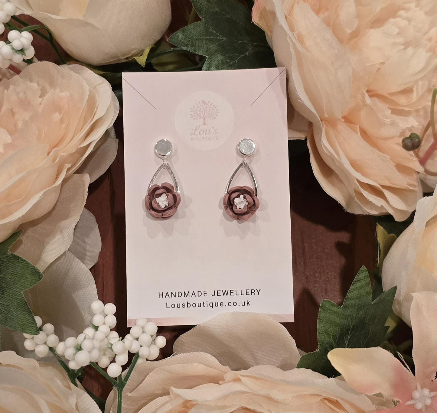 Handmade teardrop Floral Polymer Clay Dangle Earrings, Lightweight Stud Earrings, Silver Plated
