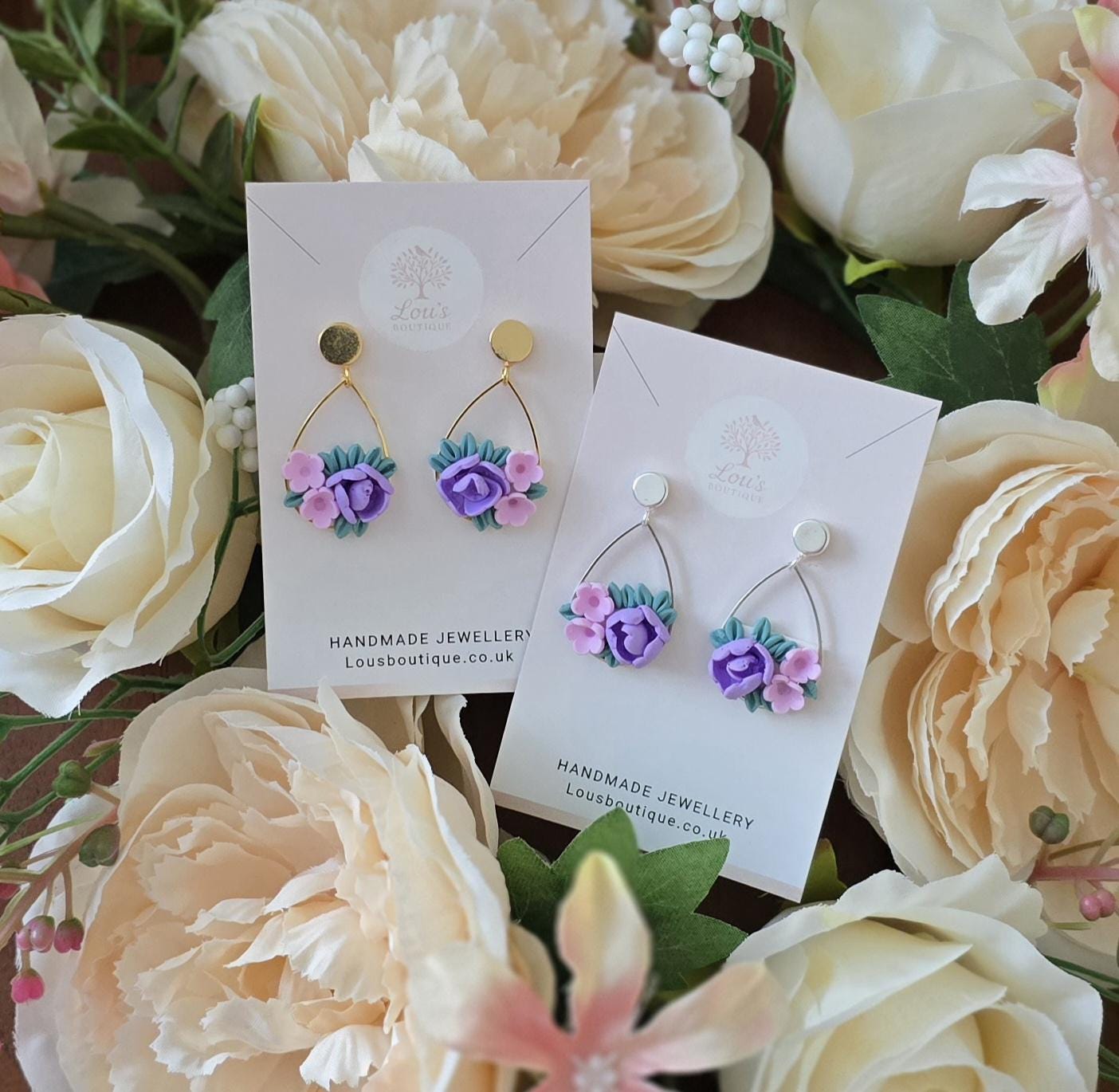 Handmade Teardrop Floral Polymer Clay Dangle Earrings, Lightweight Stud Earrings Silver or Gold Plated