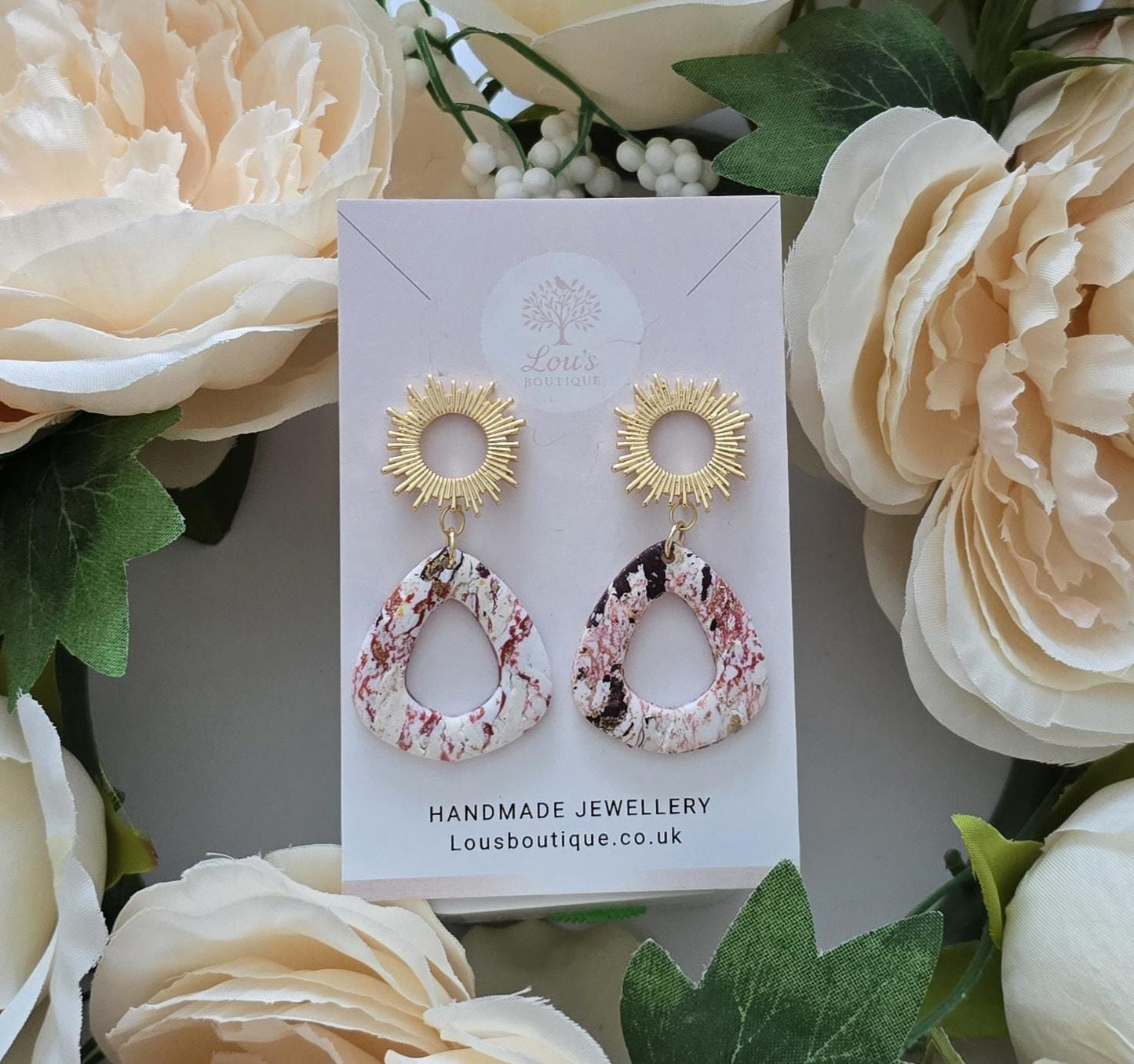 Handmade 18k Gold Plated Starburst Sun or moon Dangle Marble Earrings