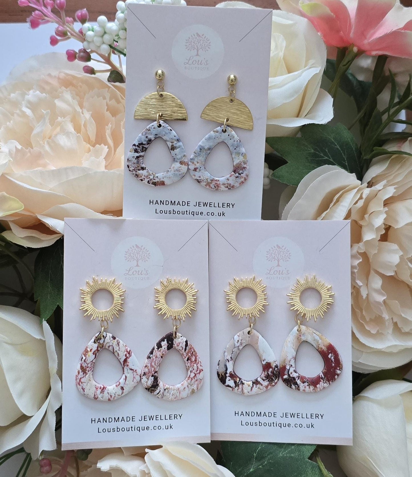 Handmade 18k Gold Plated Starburst Sun or moon Dangle Marble Earrings