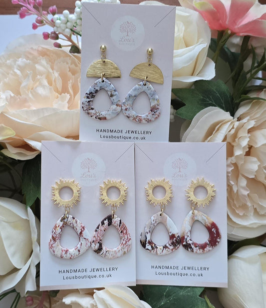 Handmade 18k Gold Plated Starburst Sun or moon Dangle Marble Earrings