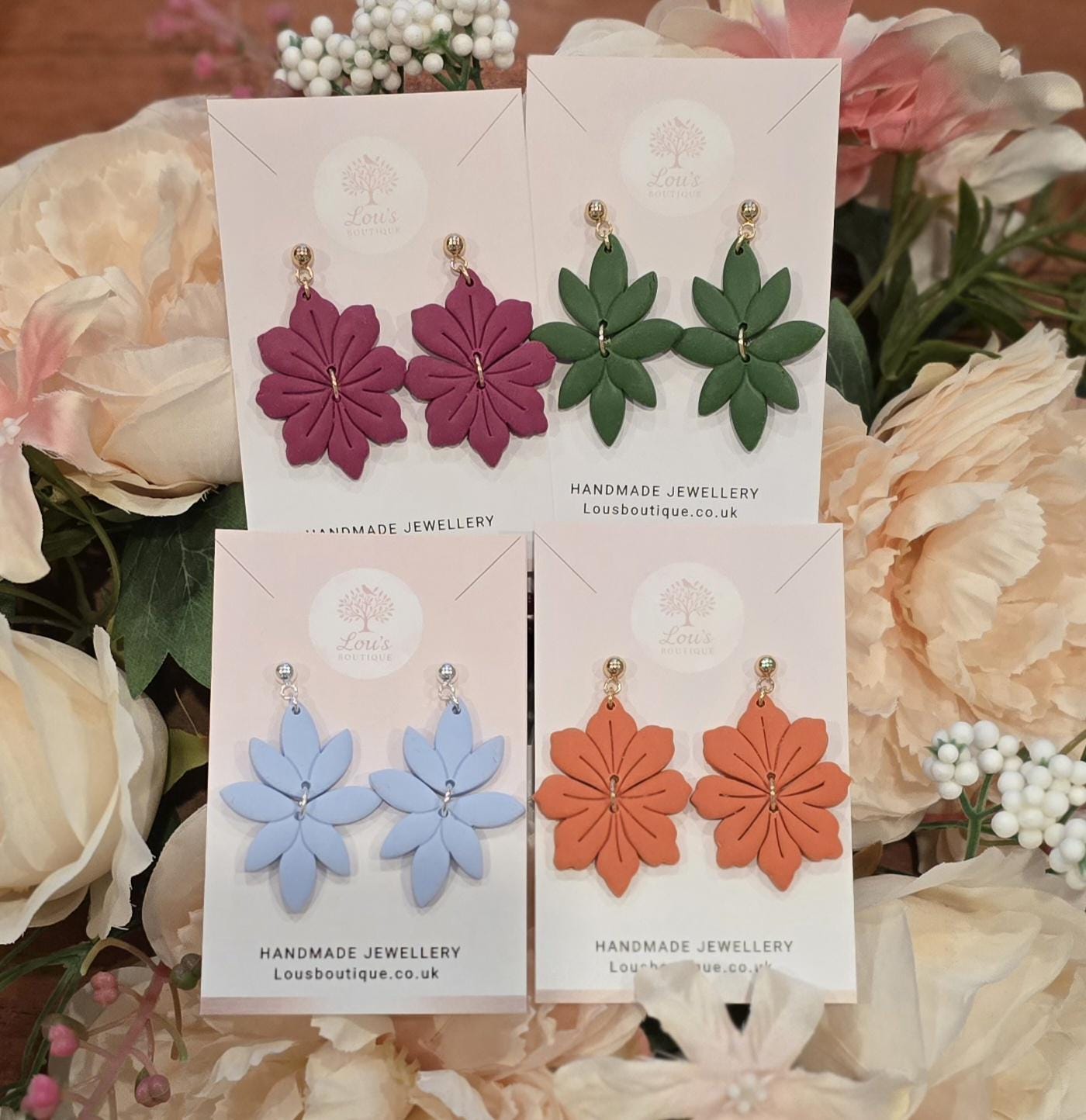 Handmade flower or leaf dangle stud Earrings | Polymer Clay, Silver or gold plated