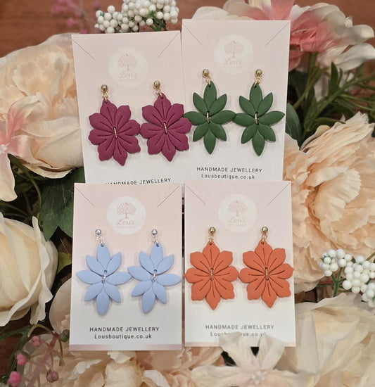 Handmade flower or leaf dangle stud Earrings | Polymer Clay, Silver or gold plated