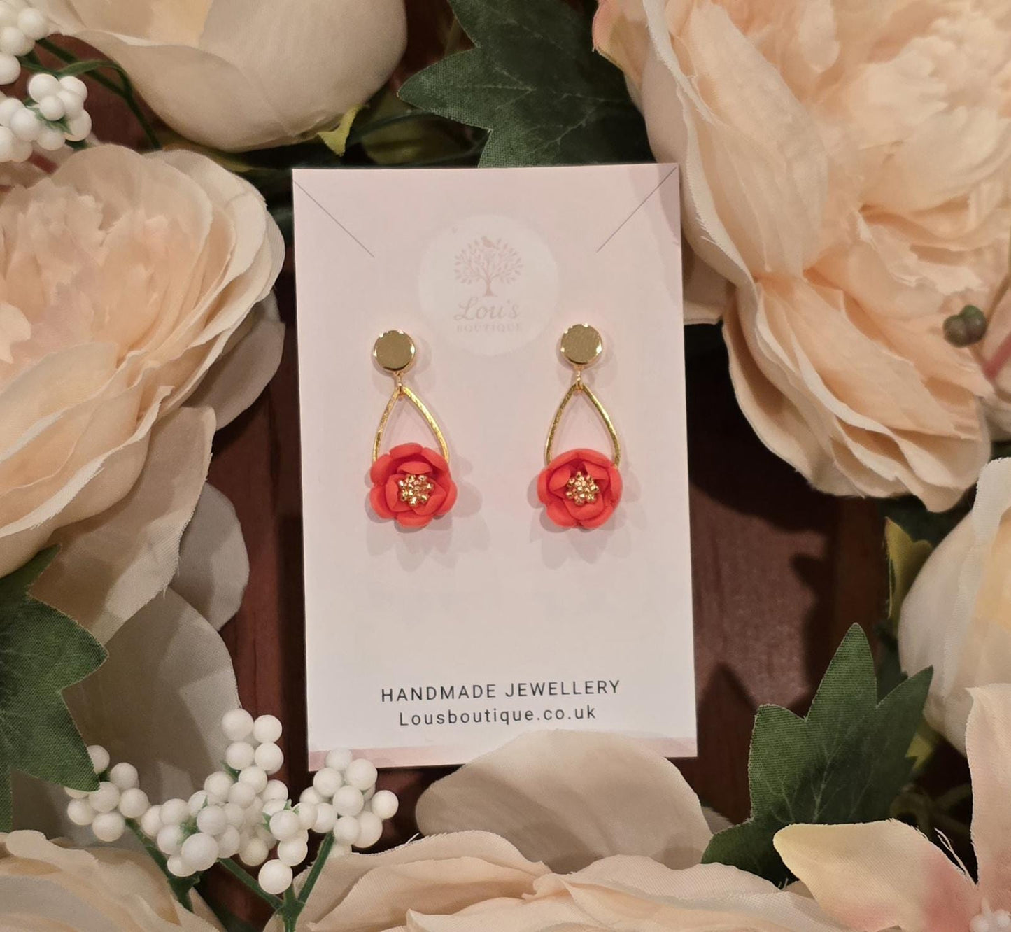 Handmade teardrop Floral Polymer Clay Dangle Earrings, Lightweight Stud Earrings, Gold Plated