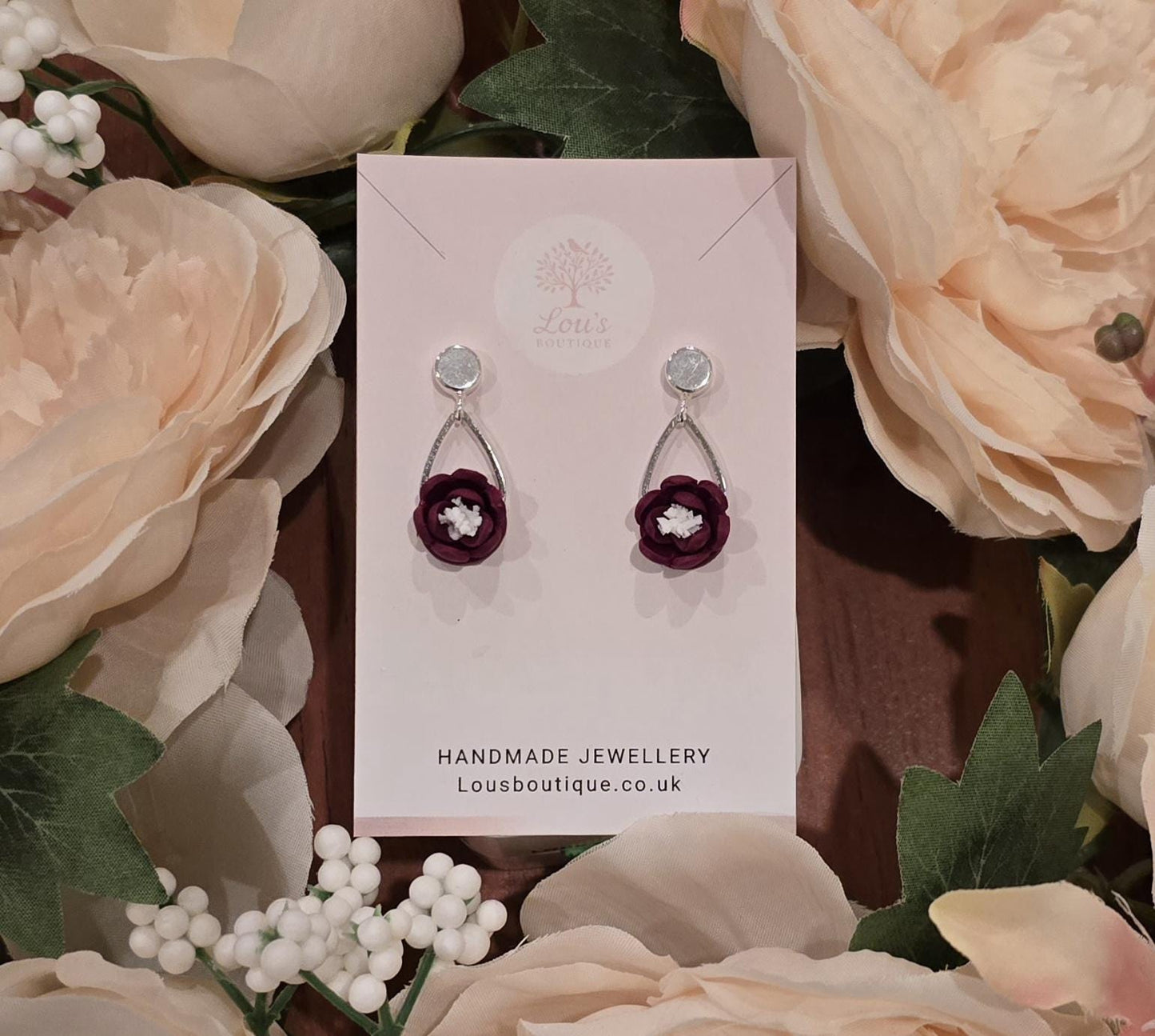 Handmade teardrop Floral Polymer Clay Dangle Earrings, Lightweight Stud Earrings, Silver Plated