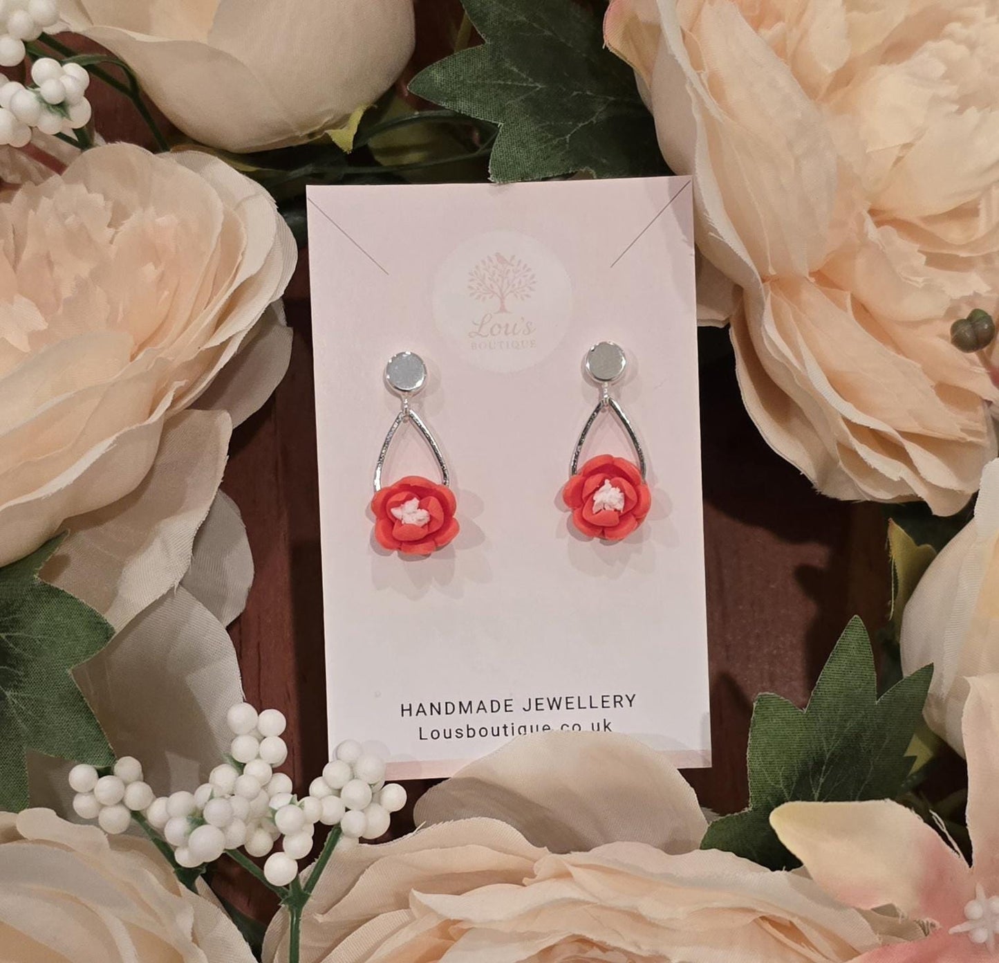 Handmade teardrop Floral Polymer Clay Dangle Earrings, Lightweight Stud Earrings, Silver Plated