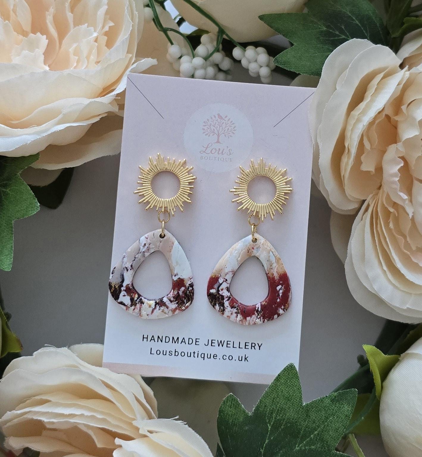 Handmade 18k Gold Plated Starburst Sun or moon Dangle Marble Earrings