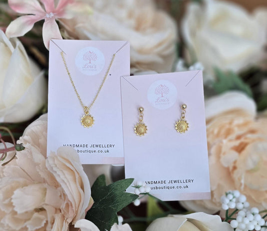 Handmade 18k Gold Sunflower Earrings and/or Necklace Set | Boho floral Jewellery