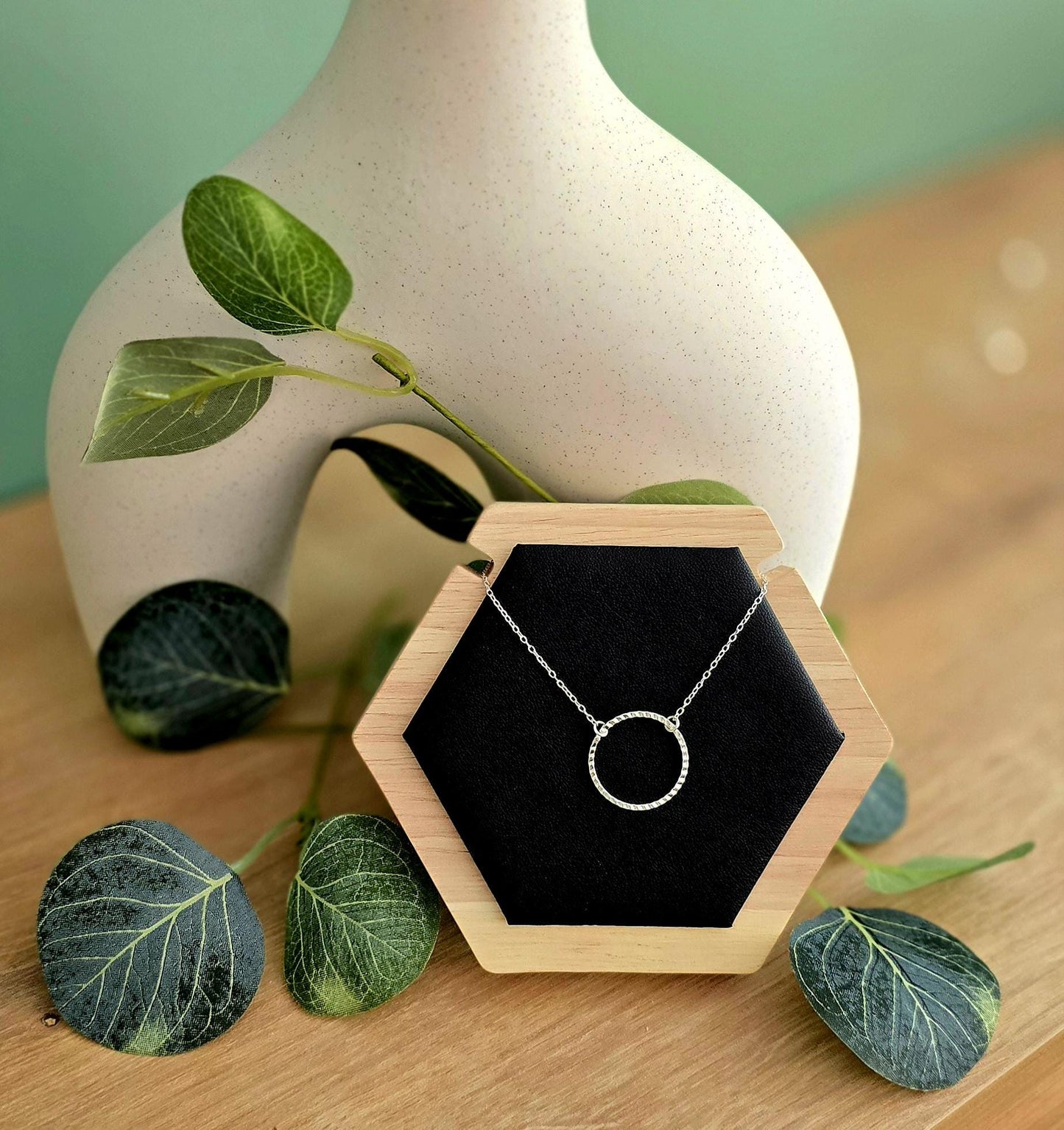 Handmade Solid Sterling Silver Circle Twisted Ring Necklace, 18inches, floral jewellery