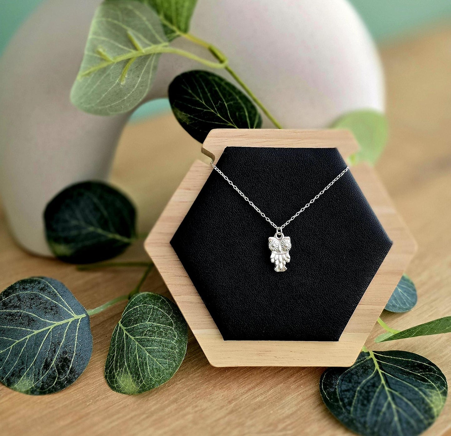 Handmade Solid Sterling Silver Owl Necklace, 18inches, floral jewellery