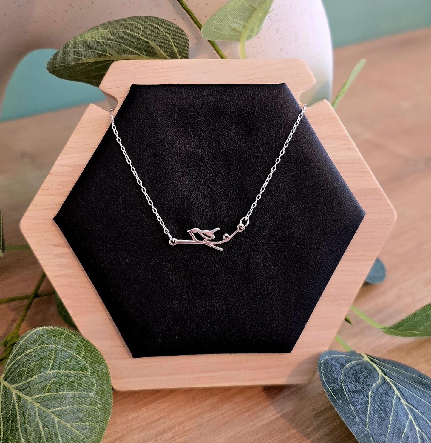 Handmade Solid Sterling Silver Bird on Branch Necklace, 18inches, floral jewellery