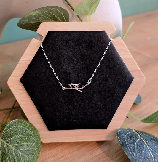 Handmade Solid Sterling Silver Bird on Branch Necklace, 18inches, floral jewellery