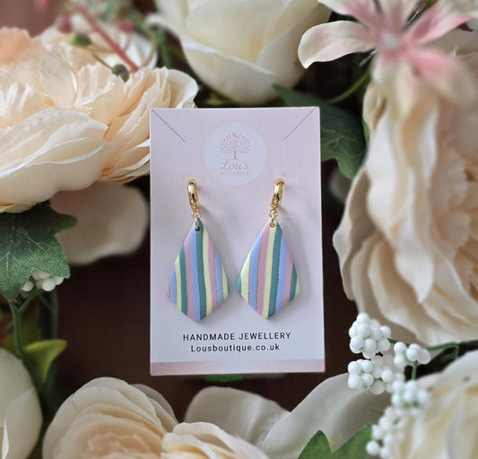 Handmade Pastel Stripes 14k Gold Dangle hoop Earrings | Polymer Clay