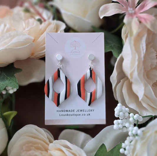 Handmade Striped teardrop Silver plated Dangle stud Earrings | Polymer Clay, white, black, orange
