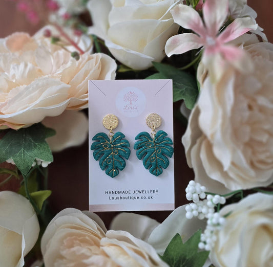 Handmade Polymer Clay Botanical Leaf Dangle Earrings | Nature Inspired, Gold leaf