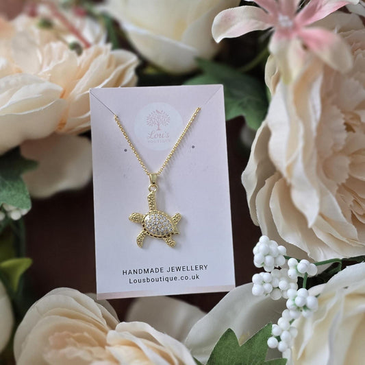 Handmade 18k Gold Plated Turtle Necklace inlayed with Cubic Zirconia | Chic Boho Animal
