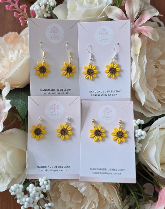 Handmade Sunflower Earrings | Polymer Clay, Dangle Hooks or studs, silver or gold