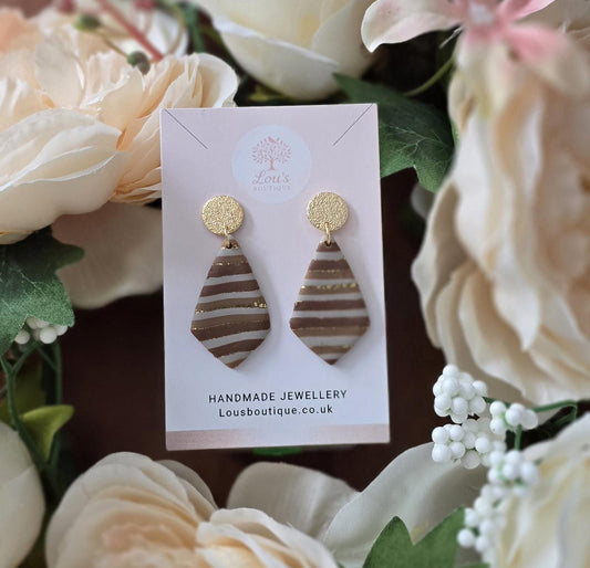 Handmade Neutral Striped 14k Gold Dangle hoop Earrings | Polymer Clay