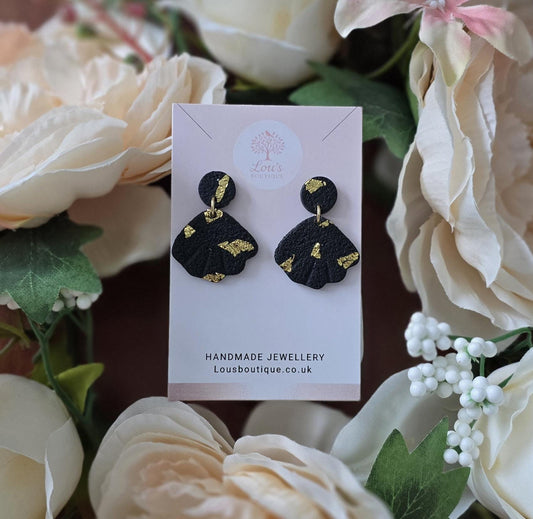 Handmade Black and Gold Leaf Fan Stud Earrings | Polymer Clay Dangle Studs