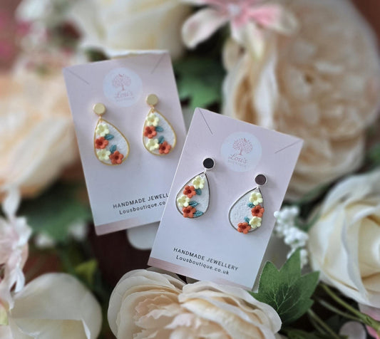 Handmade Floral Teardrop Stud Earrings | Polymer Clay Flower Dangle Stud, Sterling silver or gold