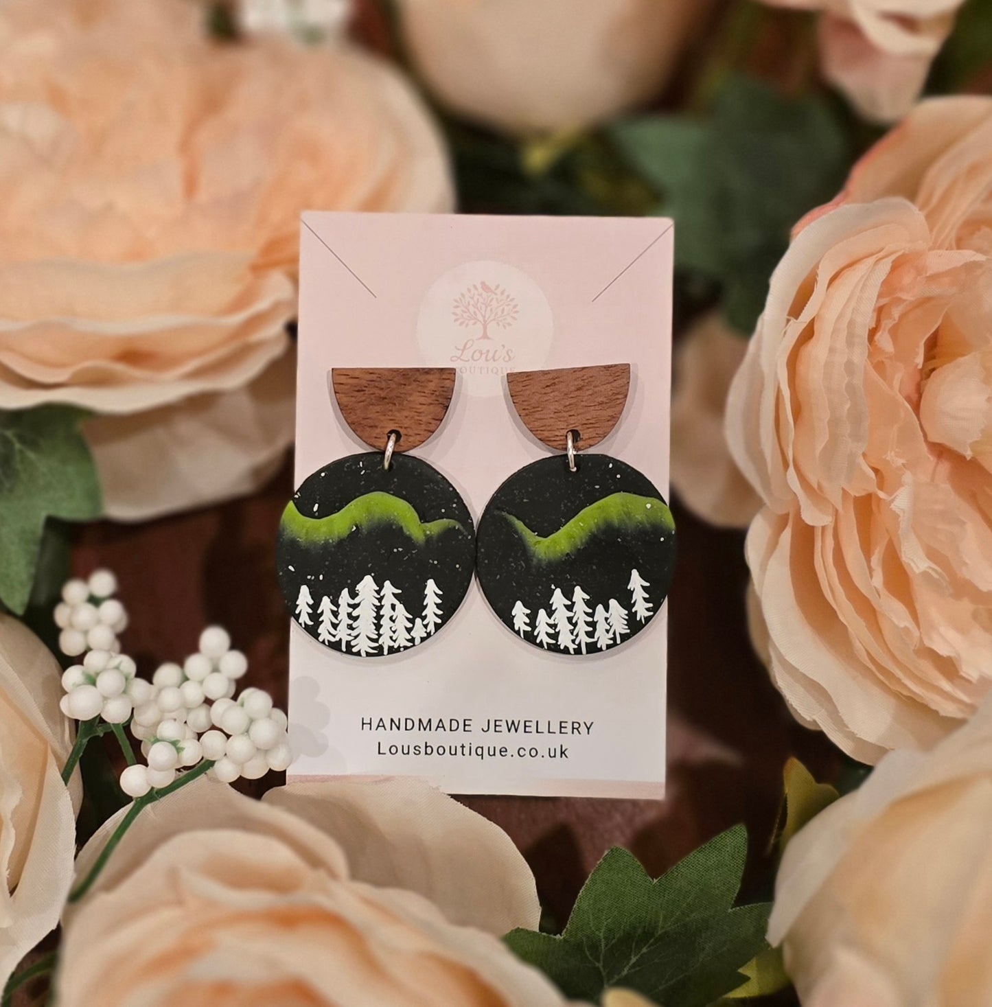 Handmade Northern Lights earrings, Polymer Clay, Sterling Silver and Walnut studs